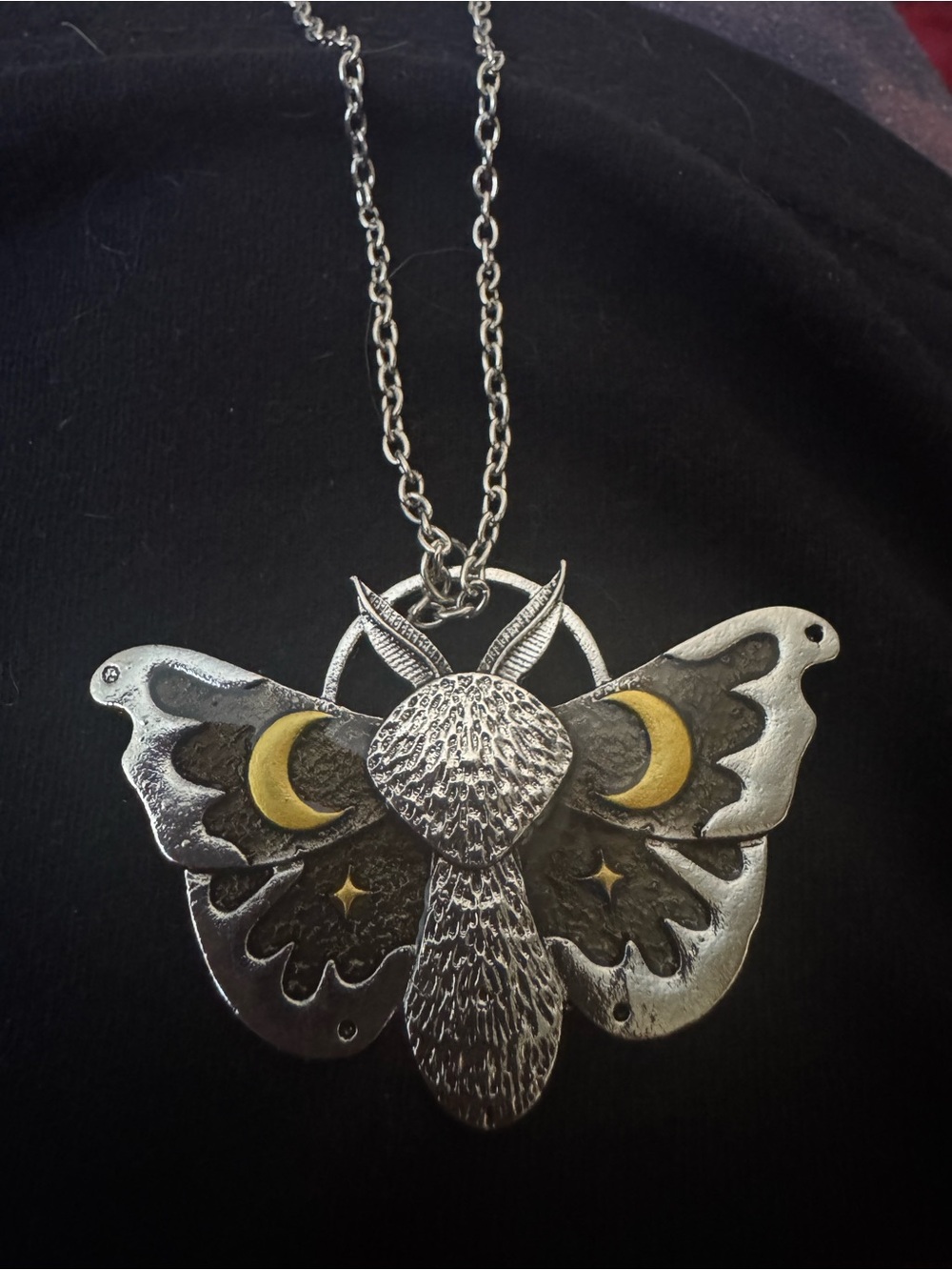 NWT Silver-Tone Moth Necklace with Gold Moon Accents